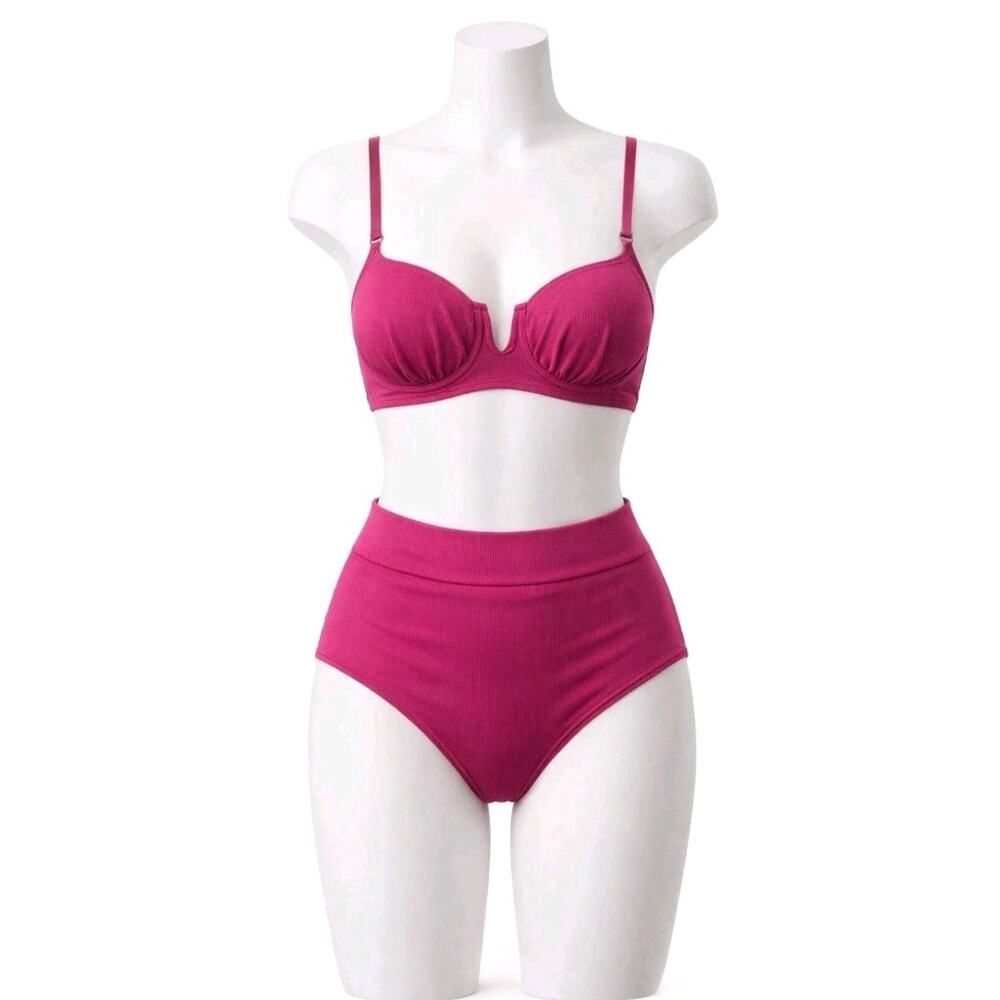 Ribbed Catalina Bikini 2-Piece Set XL High Waisted Magenta Pink Full Coverag NEW